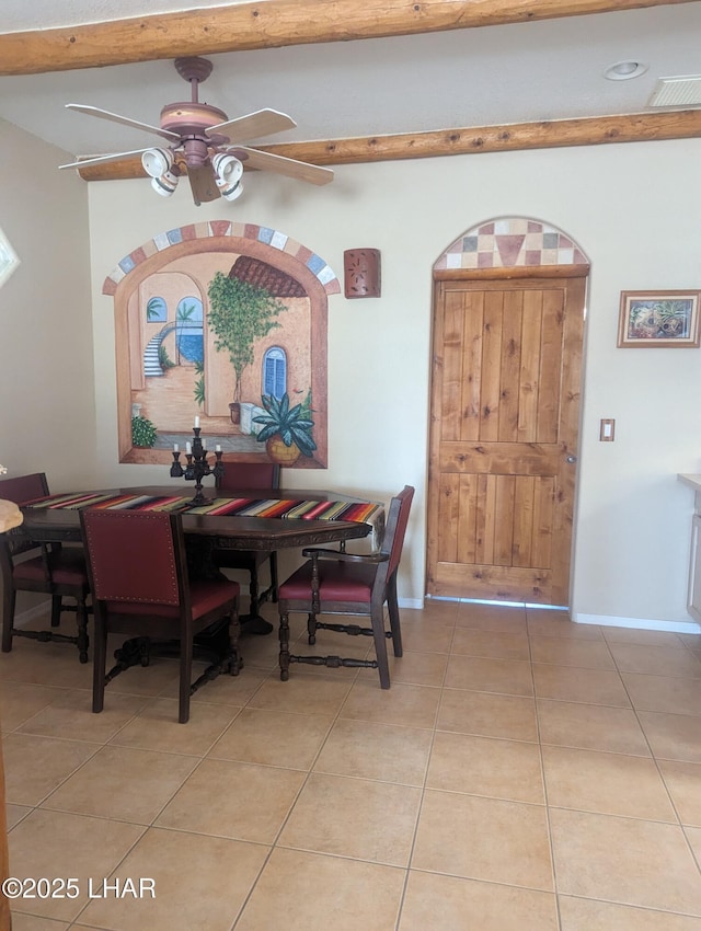 dining room featuring visible vents, ceiling fan, baseboards, beamed ceiling, and light tile patterned flooring