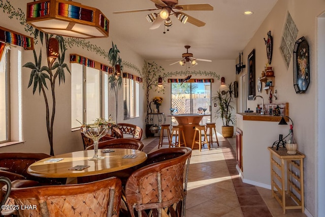 1972 E Bayshore Rd, Lake Havasu City, AZ 86404 - dining room featuring tile patterned floors, ceiling fan, and recessed lighting