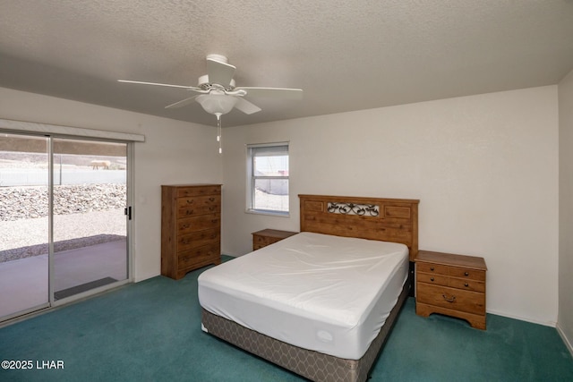 4080 Albacore Dr, Lake Havasu City, AZ 86406 - bedroom with carpet floors, access to exterior, ceiling fan, and a textured ceiling