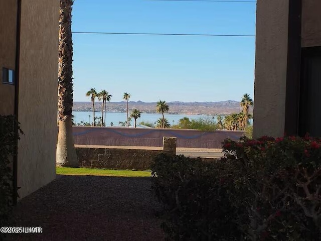 view of yard featuring a water and mountain view