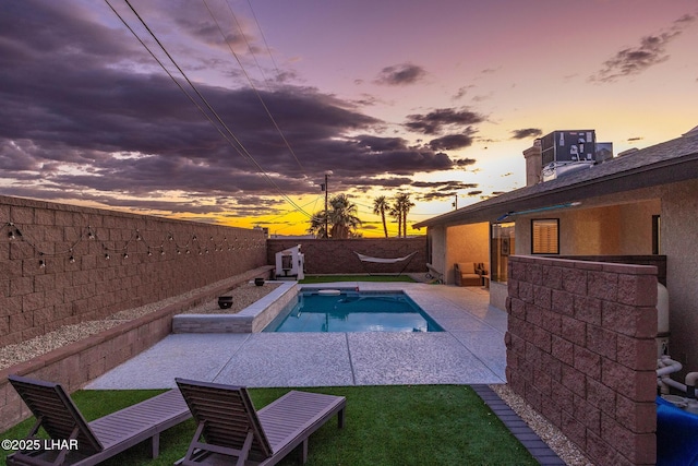 view of swimming pool featuring a fenced in pool, a patio area, a fenced backyard, and central air condition unit