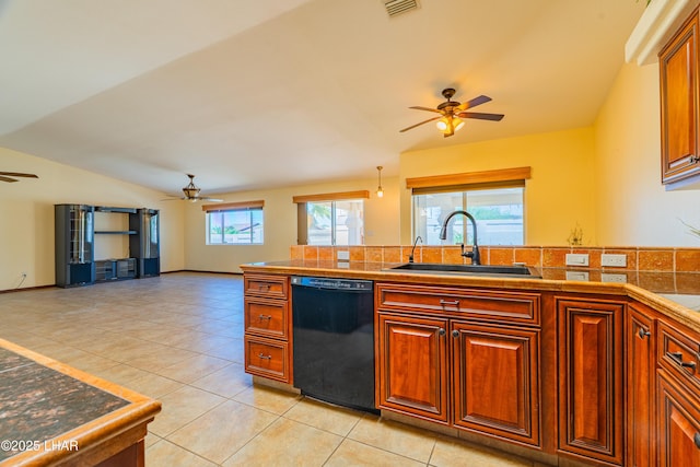 2335 Palo Verde Blvd N, Lake Havasu City, AZ 86404 - kitchen with black dishwasher, a ceiling fan, a sink, light tile patterned flooring, and open floor plan