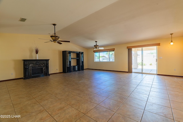 2335 Palo Verde Blvd N, Lake Havasu City, AZ 86404 - unfurnished living room featuring ceiling fan, light tile patterned floors, vaulted ceiling, and baseboards
