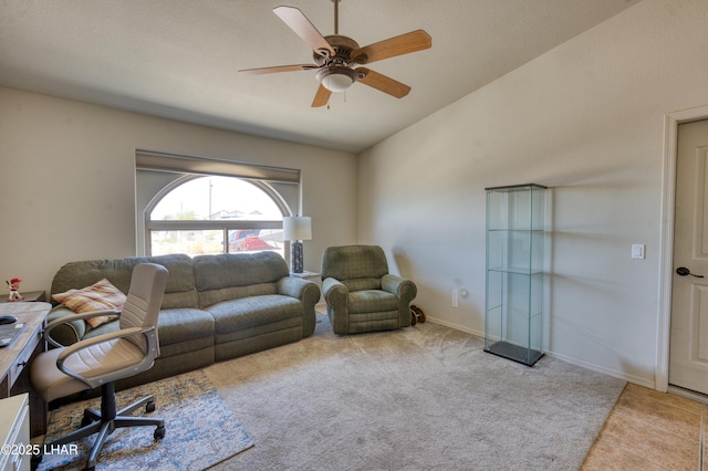 3000 Mirage Dr, Lake Havasu City, AZ 86404 - carpeted living room featuring a ceiling fan and vaulted ceiling