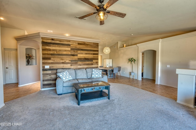3000 Mirage Dr, Lake Havasu City, AZ 86404 - living area featuring arched walkways, lofted ceiling, ceiling fan, carpet, and baseboards