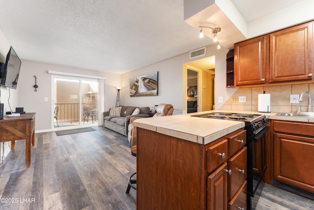 276 Lake Havasu Ave S Unit C19, Lake Havasu City, AZ 86403 - kitchen featuring visible vents, black range, a sink, decorative backsplash, and dark wood-style flooring