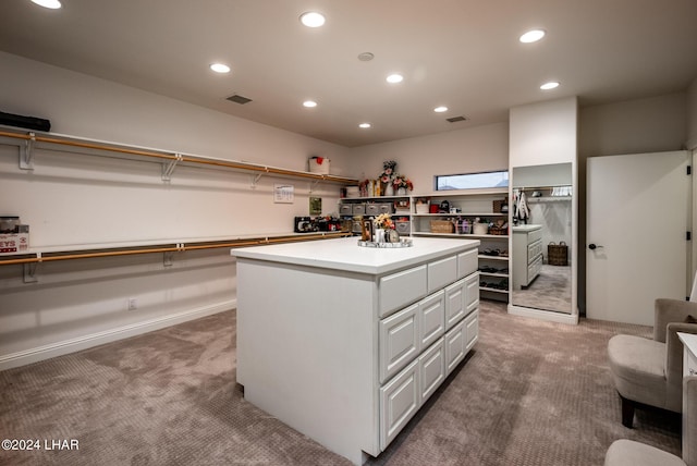 walk in closet with light colored carpet