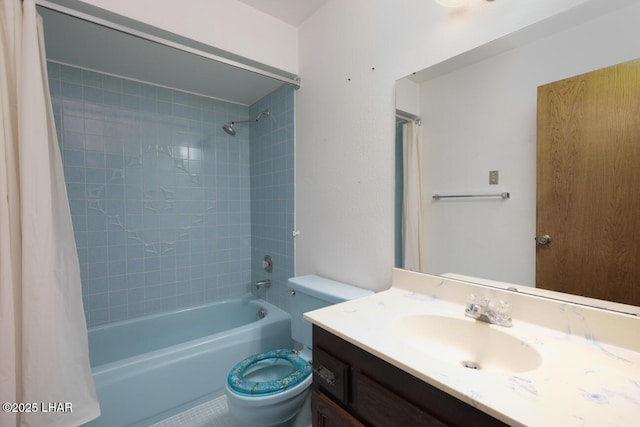 full bath with vanity, shower / bath combination with curtain, and toilet