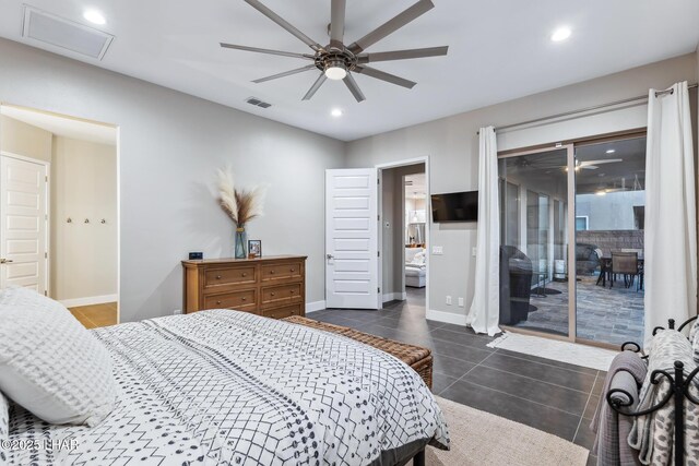 tiled bedroom with access to outside and ceiling fan