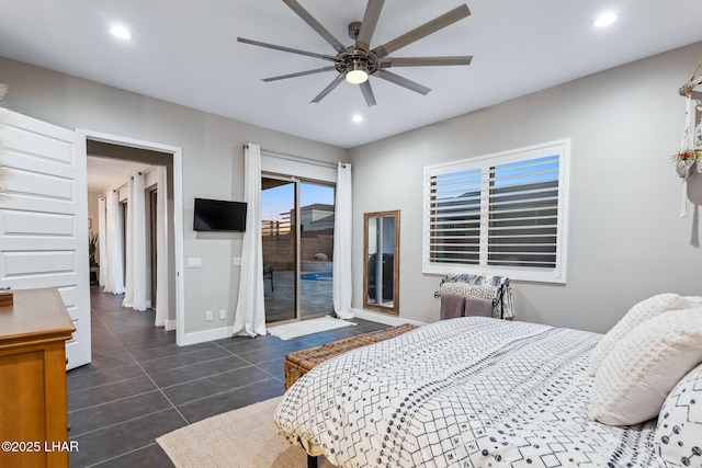 bedroom featuring ceiling fan, access to outside, and dark tile patterned floors