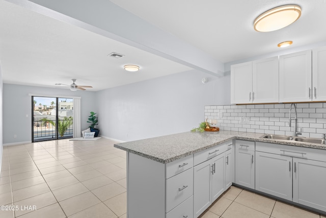 1850 Swanson Ave Unit A16, Lake Havasu City, AZ 86403 - kitchen featuring a peninsula, a sink, light tile patterned flooring, visible vents, and decorative backsplash