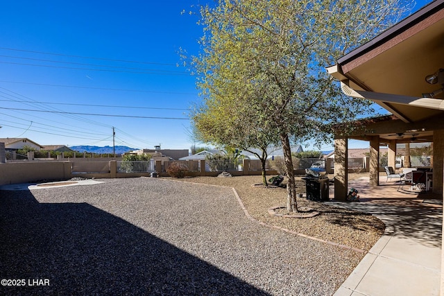 view of yard featuring ceiling fan and a patio