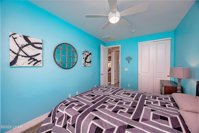 2800 Papeete Dr, Lake Havasu City, AZ 86404 - bedroom featuring a closet, ceiling fan, visible vents, and baseboards
