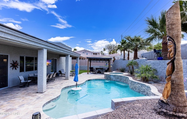 2800 Papeete Dr, Lake Havasu City, AZ 86404 - view of swimming pool with a fenced backyard, a gazebo, a pool with connected hot tub, and a patio