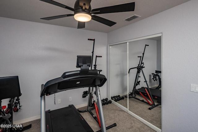 2764 Daytona Ave, Lake Havasu City, AZ 86403 - exercise room featuring baseboards, ceiling fan, carpet flooring, and visible vents