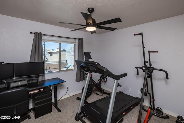 2764 Daytona Ave, Lake Havasu City, AZ 86403 - exercise area featuring baseboards, carpet, a textured ceiling, and ceiling fan