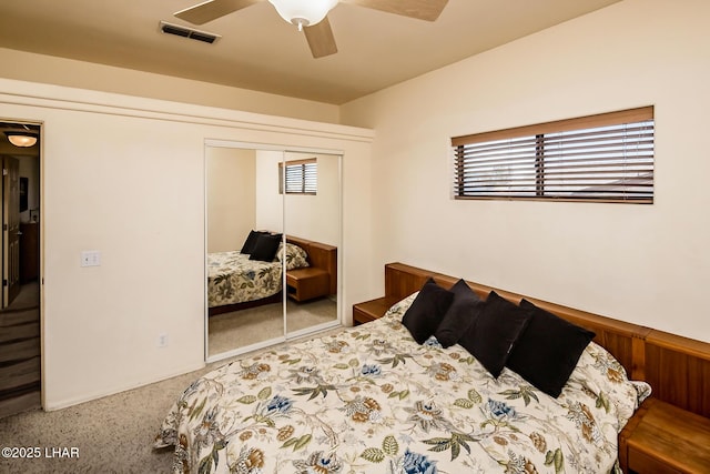 bedroom featuring visible vents, a closet, multiple windows, and ceiling fan