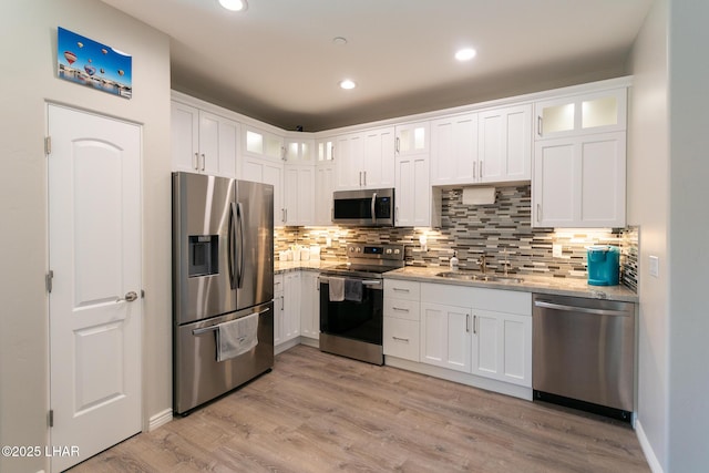 490 N Lake Havasu Ave Unit J, Lake Havasu City, AZ 86403 - kitchen with appliances with stainless steel finishes, a sink, tasteful backsplash, white cabinetry, and recessed lighting