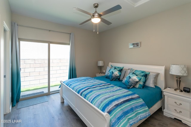 490 N Lake Havasu Ave Unit J, Lake Havasu City, AZ 86403 - bedroom with access to exterior, wood finished floors, and ceiling fan