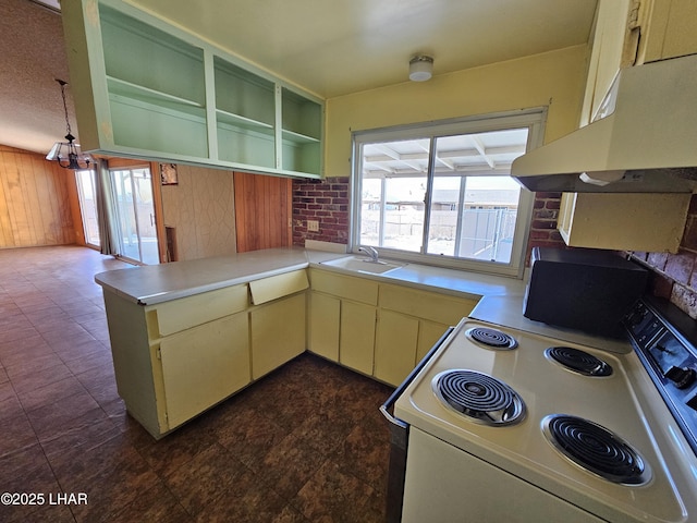 kitchen featuring plenty of natural light, white electric range oven, kitchen peninsula, and sink