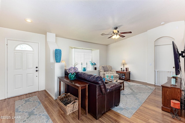 living room featuring ceiling fan, radiator, and light hardwood / wood-style floors