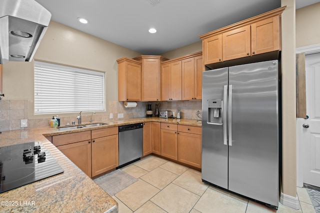 3370 Thunderhead Dr, Lake Havasu City, AZ 86406 - kitchen with stainless steel appliances, backsplash, light tile patterned floors, range hood, and recessed lighting