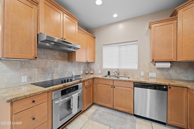 3370 Thunderhead Dr, Lake Havasu City, AZ 86406 - kitchen featuring appliances with stainless steel finishes, under cabinet range hood, backsplash, light stone counters, and light brown cabinetry