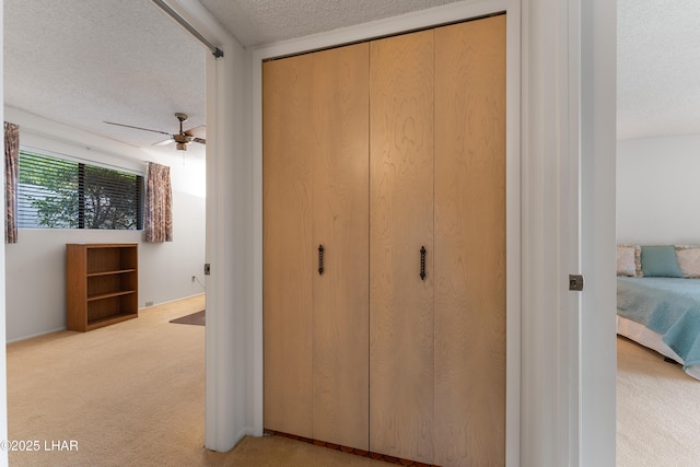 interior space with light carpet, a closet, and a textured ceiling