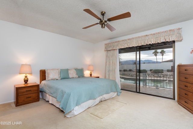 bedroom featuring a mountain view, light carpet, access to exterior, and a textured ceiling