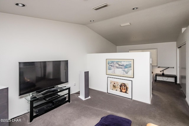 carpeted living area with lofted ceiling, baseboards, visible vents, and recessed lighting