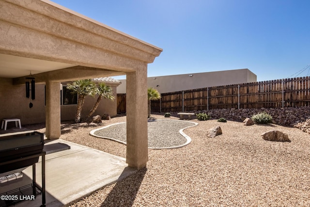 view of yard with a fenced backyard and a patio