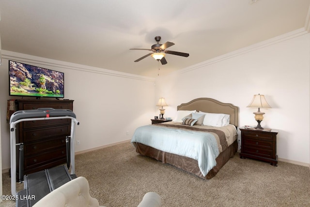 bedroom featuring carpet floors, crown molding, and ceiling fan