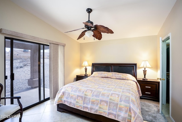 bedroom with light tile patterned floors, ceiling fan, lofted ceiling, and access to outside