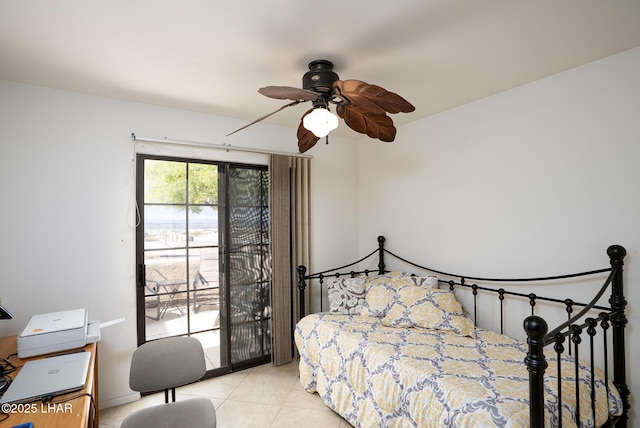 bedroom featuring access to exterior, tile patterned floors, and ceiling fan