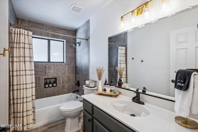 bathroom featuring shower / bathtub combination with curtain, wood finished floors, visible vents, toilet, and vanity