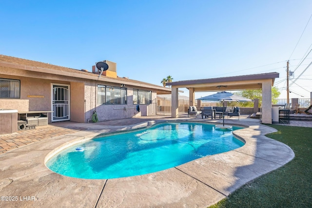 view of swimming pool featuring a patio area, a fenced backyard, a fenced in pool, and central air condition unit