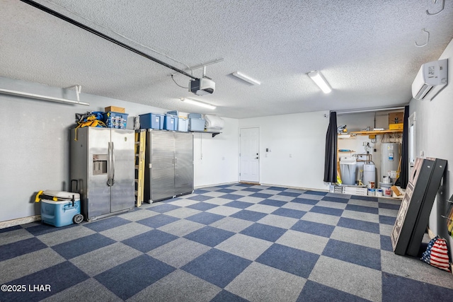 garage featuring water heater, an AC wall unit, a garage door opener, and stainless steel fridge with ice dispenser
