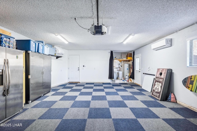 garage featuring a wall mounted AC, stainless steel fridge with ice dispenser, a garage door opener, gas water heater, and baseboards