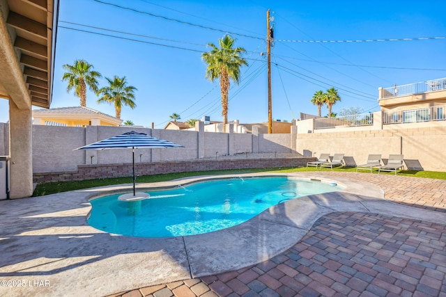 view of pool featuring a fenced backyard, a fenced in pool, and a patio