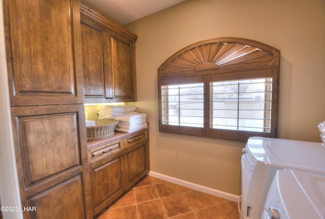 9124 Lakeview Dr, Parker, AZ 85344 - laundry room with independent washer and dryer, cabinets, and dark tile patterned flooring