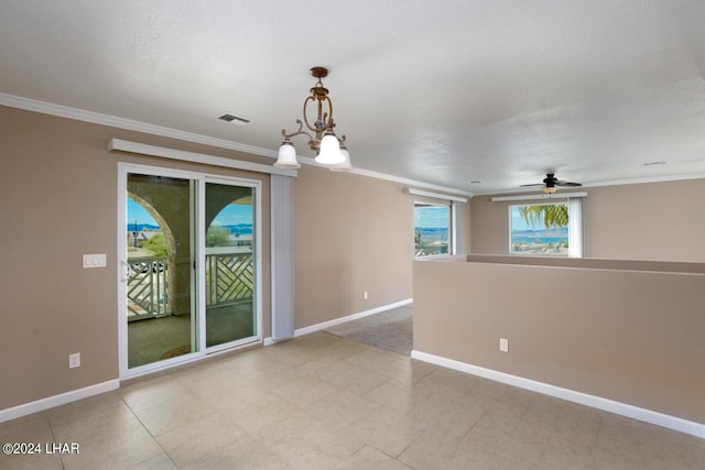 unfurnished room with crown molding, ceiling fan with notable chandelier, and a textured ceiling