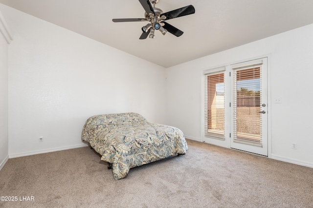 carpeted bedroom with access to outside, baseboards, and ceiling fan