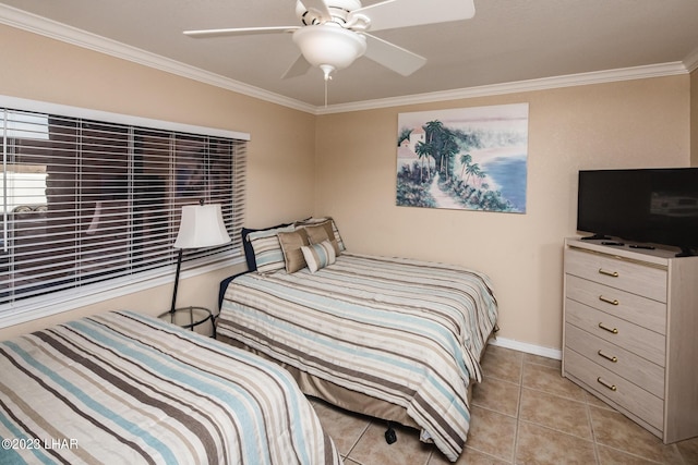 bedroom with light tile patterned floors, crown molding, and ceiling fan