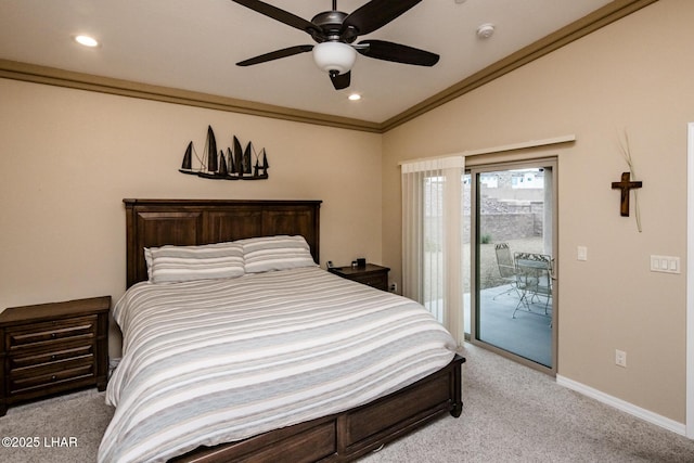 bedroom with baseboards, ornamental molding, access to exterior, vaulted ceiling, and light colored carpet