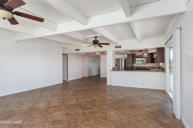 unfurnished living room with ceiling fan with notable chandelier, baseboards, and visible vents