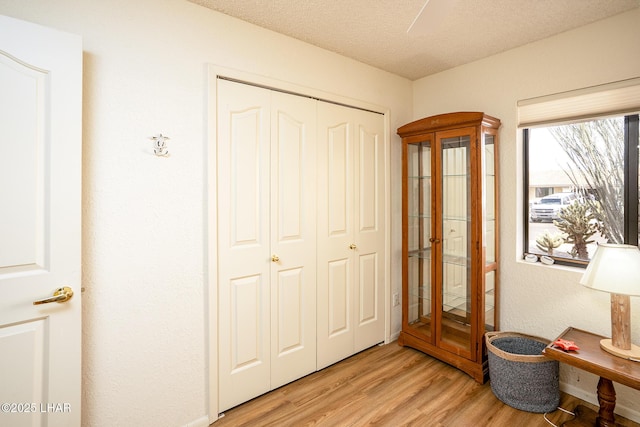 foyer entrance featuring a textured ceiling and light wood finished floors