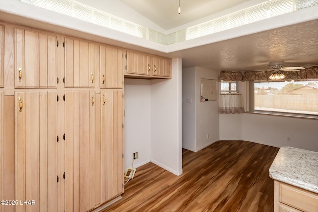 3716 Sloop Ln, Lake Havasu City, AZ 86406 - kitchen with wood finished floors, a ceiling fan, light countertops, light brown cabinetry, and vaulted ceiling