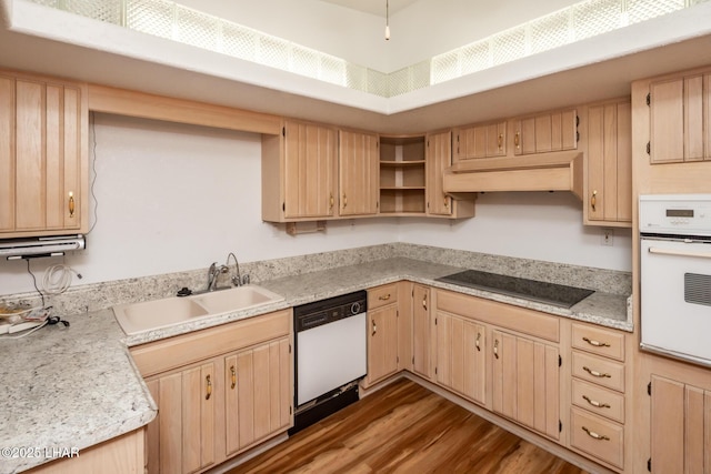 3716 Sloop Ln, Lake Havasu City, AZ 86406 - kitchen featuring white appliances, a sink, light brown cabinets, wood finished floors, and light countertops