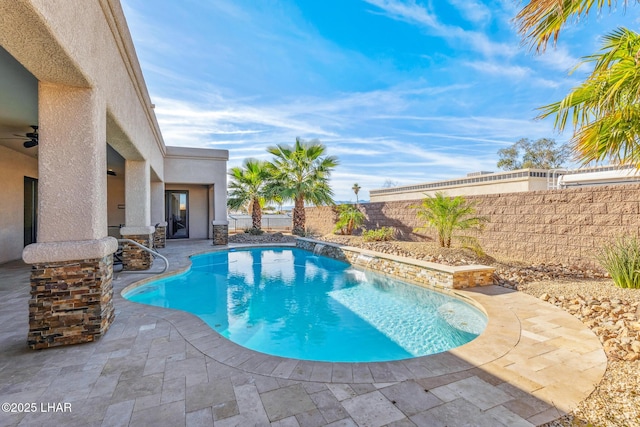 1589 Park Terrace Ave, Lake Havasu City, AZ 86404 - view of pool featuring a patio area, a fenced backyard, ceiling fan, and a fenced in pool