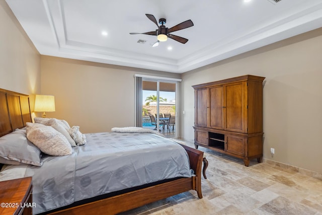 1589 Park Terrace Ave, Lake Havasu City, AZ 86404 - bedroom with ceiling fan, visible vents, baseboards, access to exterior, and a raised ceiling
